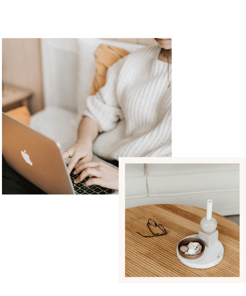 Image d'une personne travaillant sur une ordinateur portable, à côté d'une image montrant des lunettes posées sur une table.
