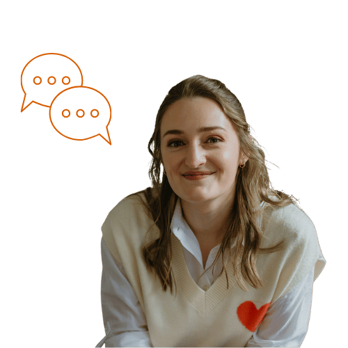 Traductrice Web et marketing Héloïse Laurin à côté de bulles de conversation.